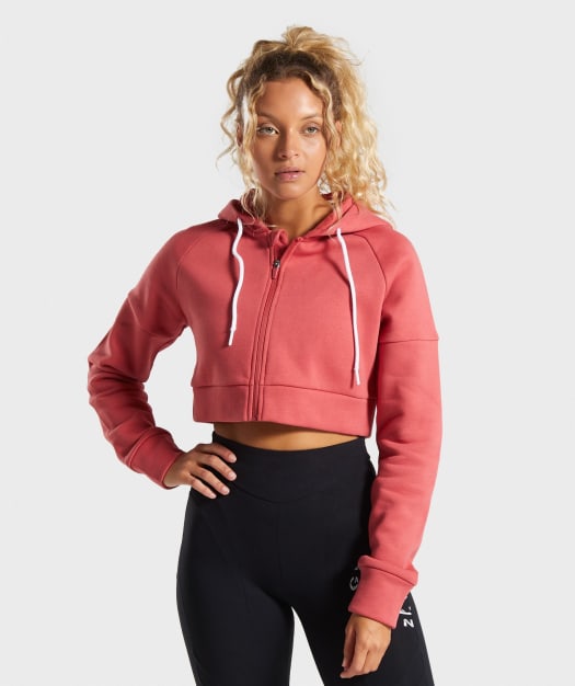 Gymshark Legacy Fitness Crop Zip Hoodie - Brick Red