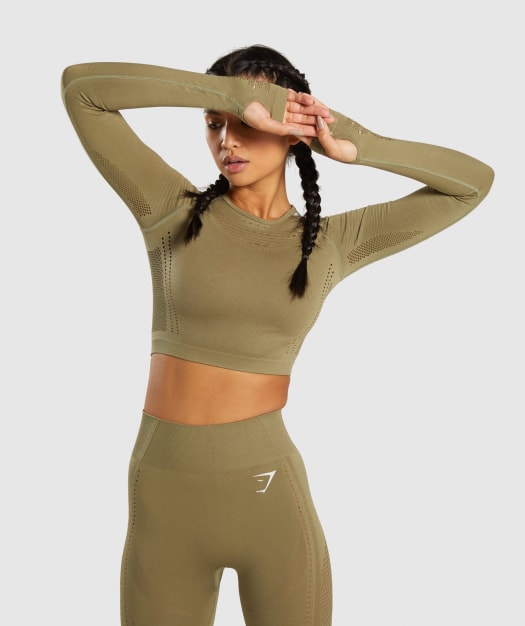 Gymshark Flawless Knit Long Sleeve Crop Top - Khaki