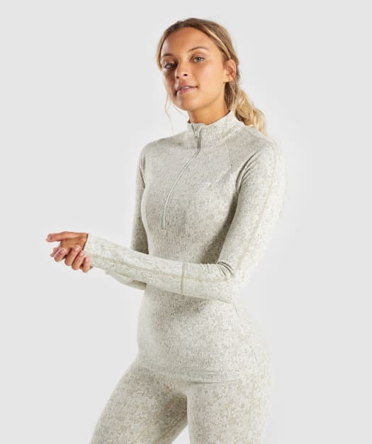 Gymshark Fleur Texture 1/2 Zip Pullover - Washed Khaki Marl