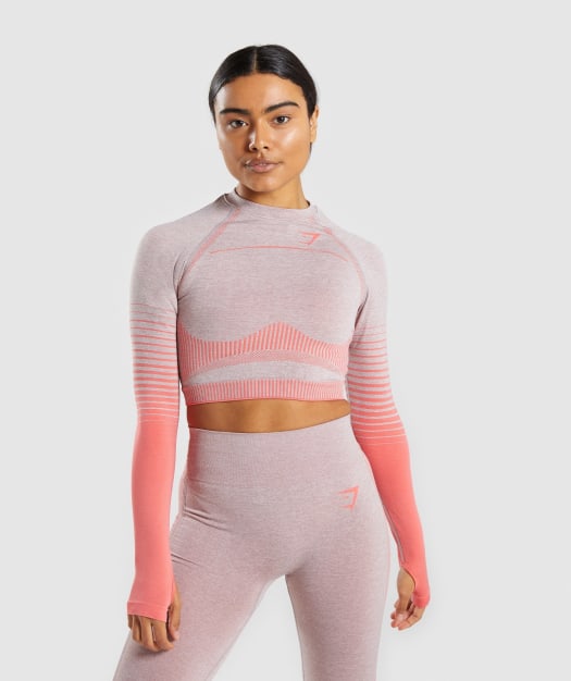 Gymshark Amplify Seamless Long Sleeve Crop Top - Taupe Marl/Peach Coral