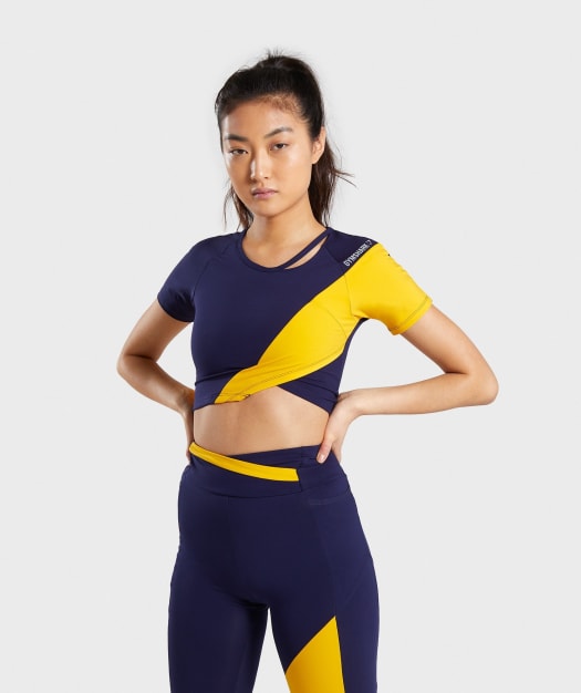 Gymshark Asymmetric Crop Top - Evening Navy Blue/Citrus Yellow