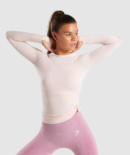 Full Length Blush Nude Marl Vital Seamless Long Sleeve T-Shirt Stretch From Front