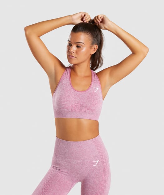 Full Length Dusty Pink Marl Vital Seamless Sports Bra Front Stretch