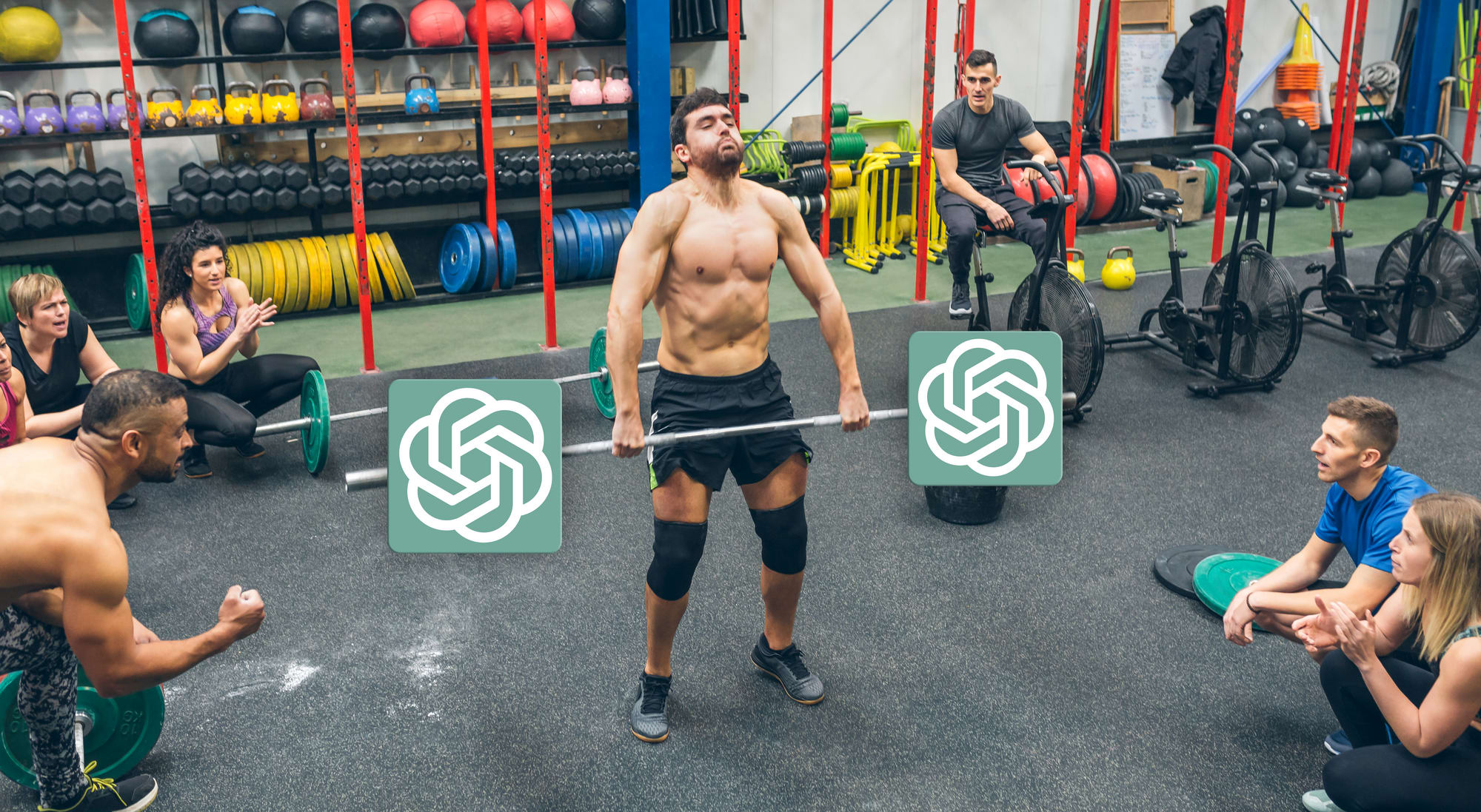 Strong man practicing weightlifting in the gymnasium with chat gpt icons instead of barbell plates