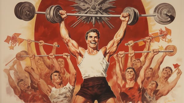An athlete performing multiple exercise all at the same time soviet poster style