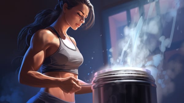 An stationary fan is blowing powder from a nearby small protein tub on a female athlete in the gym