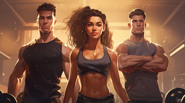 Three mixed race male and female athletes in the gym exercising with gym background