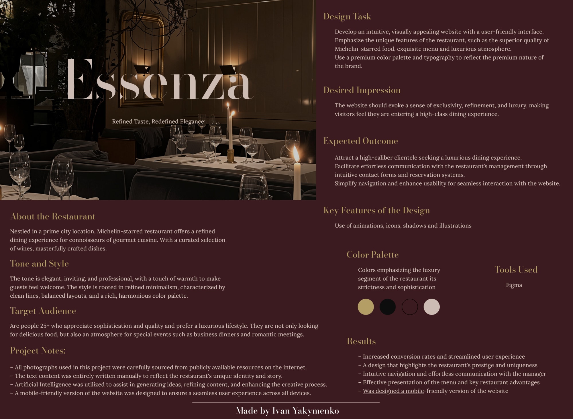 Essenza restaurant website cover
