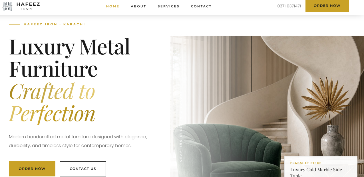 Hafeez Iron Store website preview showing luxury metal furniture