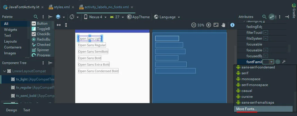 Click the fontFamily property in the layout editor