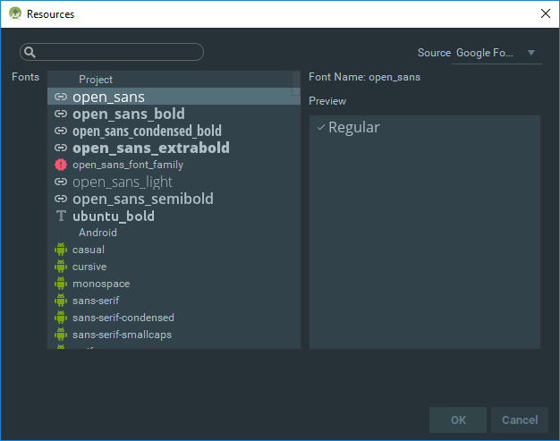 The More Fonts dialog with the Google Fonts browser