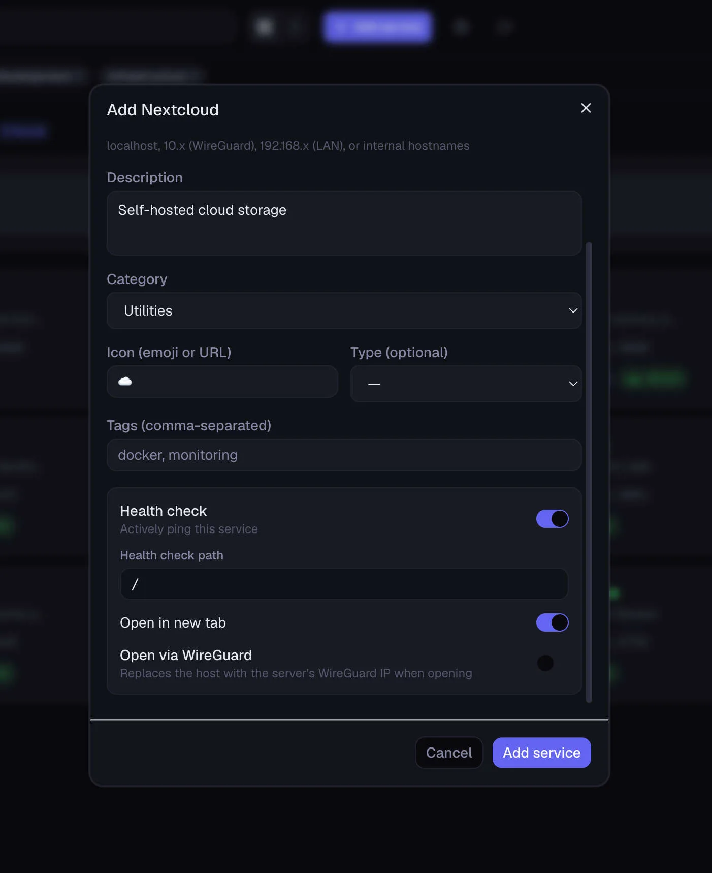 Add service form pre-filled from discovery