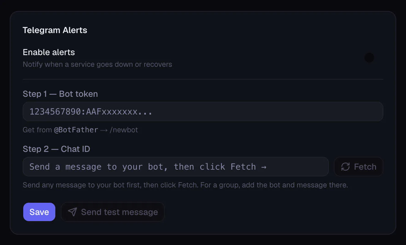 Telegram alert message showing a service went down