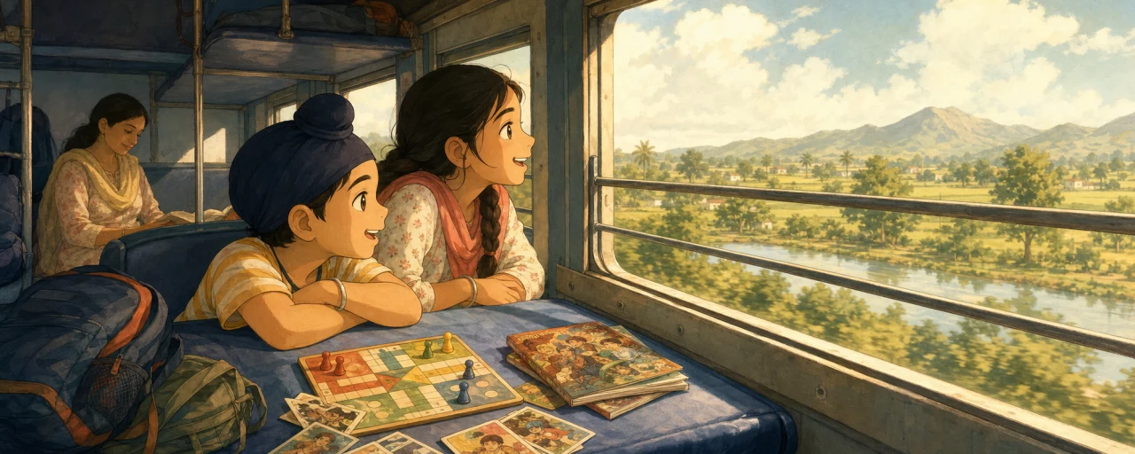 Two siblings share the window seat on a summer train journey, with their games and comics nearby
