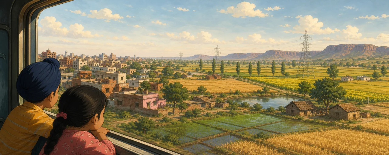 A train-window view moves from the city through fields, ponds and electric towers to distant plateaus
