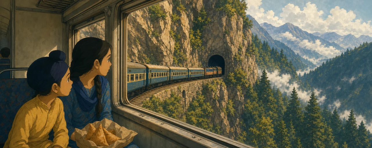 Siblings watch the small, evenly spaced lamps on the wall of the Great Tunnel from inside their train compartment