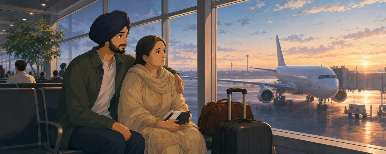 A Sikh son sits with and supports his mother at a pre-dawn airport boarding gate before an international trip
