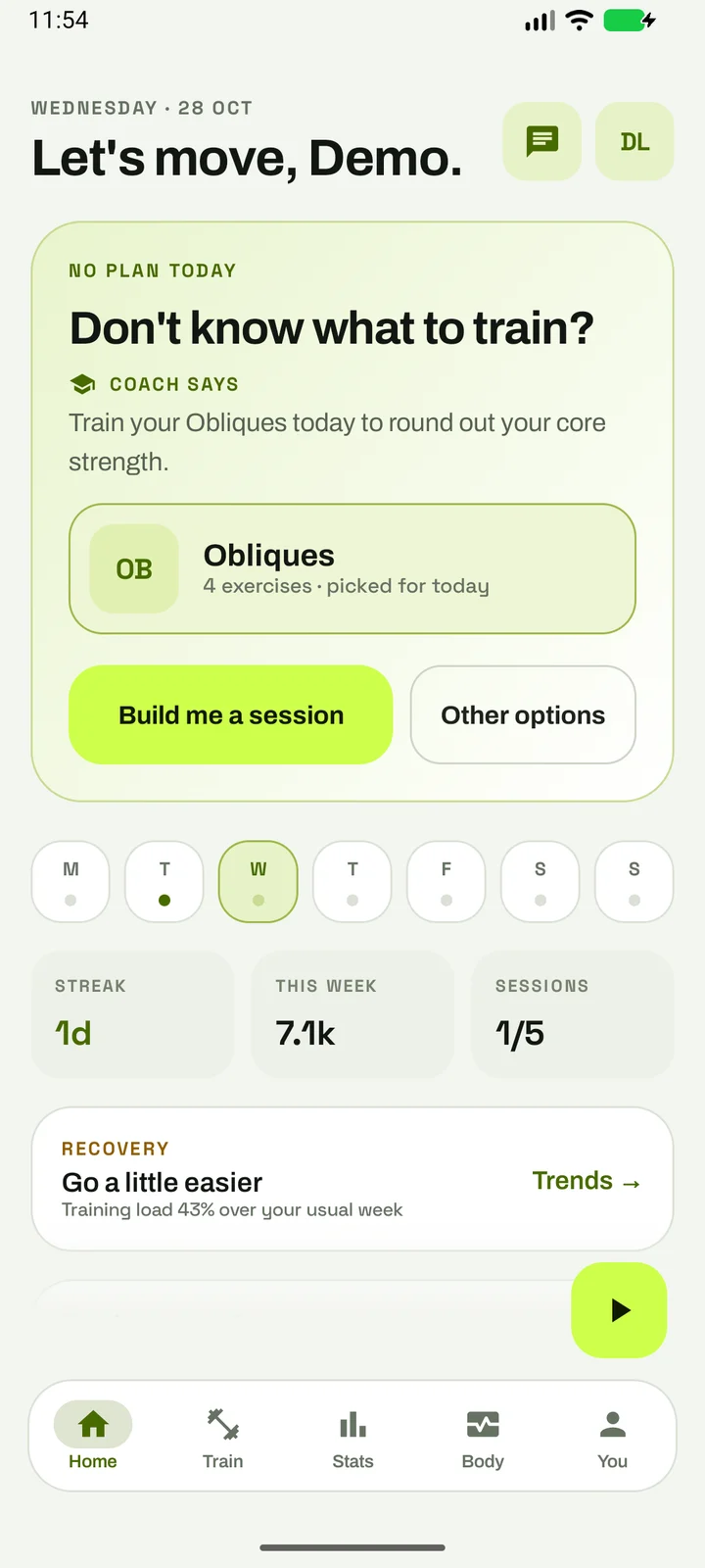 Avrit's home screen: the week at a glance and the coach's suggestion for today