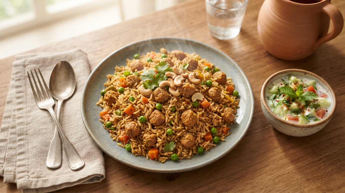 High-Protein Soya Chunk Pulao with Curd