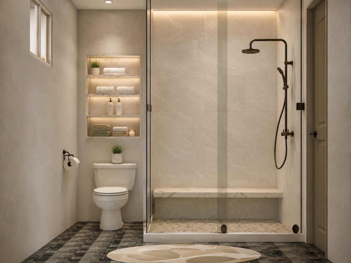 Walk-in glass shower bathroom rendering with built-in illuminated shelves