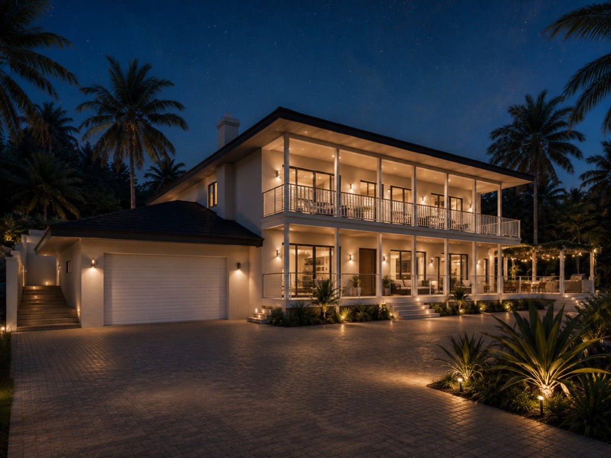 Miami-style villa night exterior