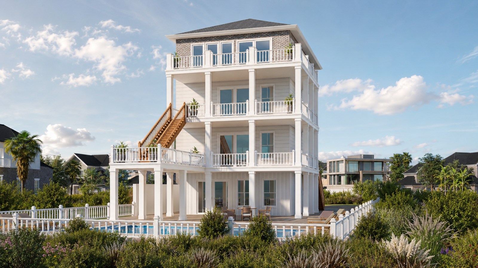 Daylight exterior rendering of a multi-level coastal beach house with balconies, pool and landscaped garden