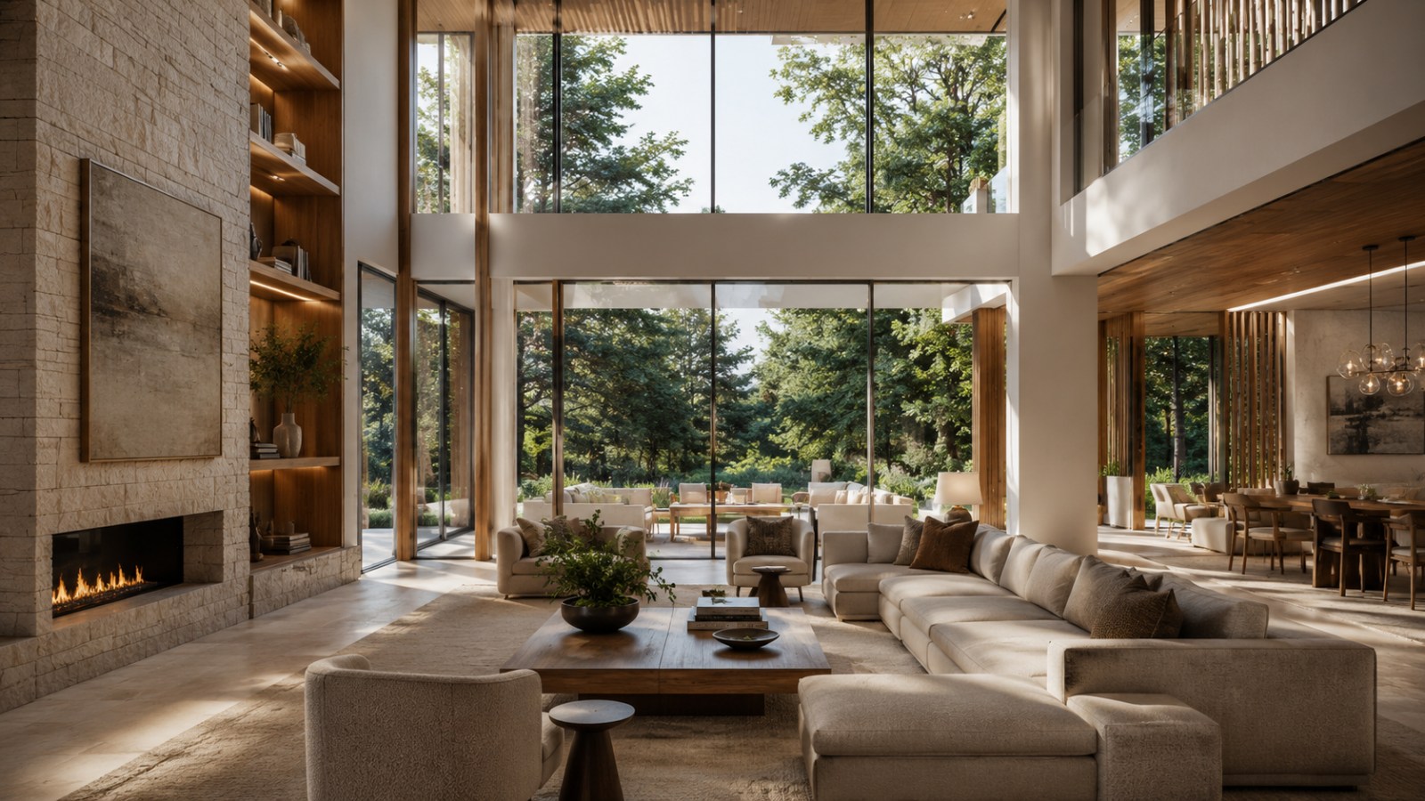 Double-height contemporary living room with full-height woodland views