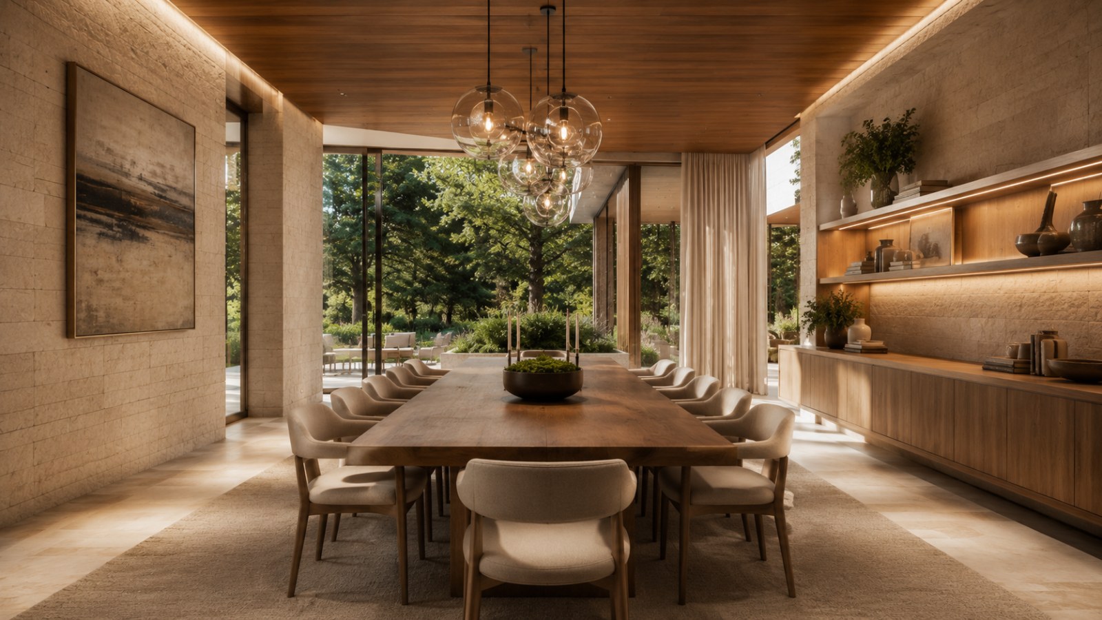 Contemporary dining room with warm timber ceiling and garden views