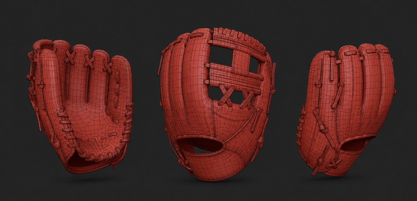Red wireframe presentation of the baseball glove from three angles