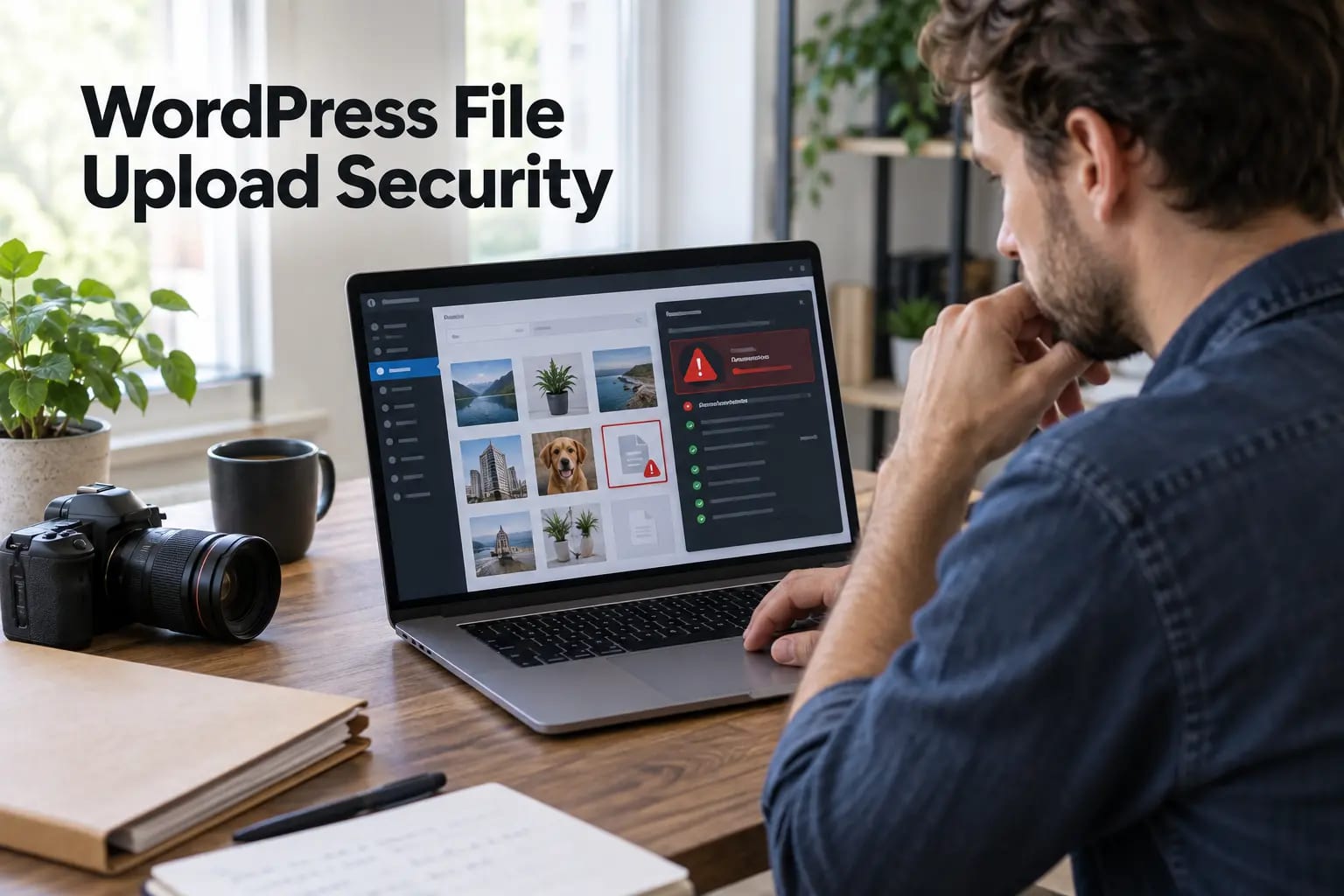 Web developer reviewing WordPress media uploads while a security scanner flags a suspicious file