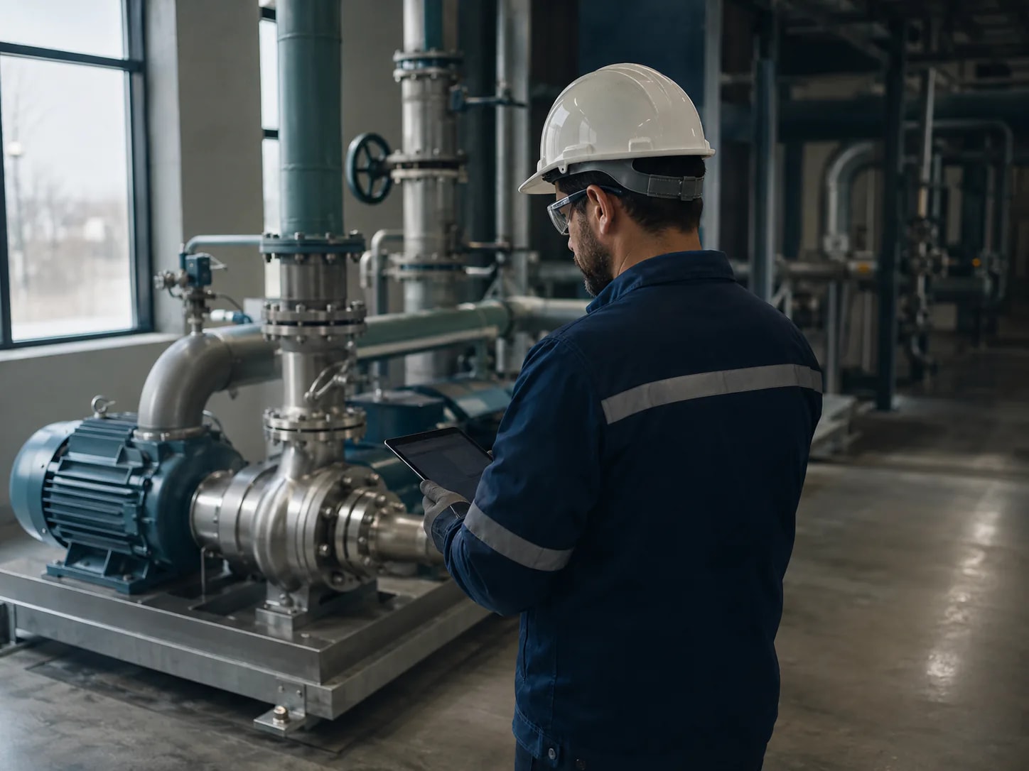 A plant engineer watching live equipment readings on a tablet beside a running pump skid