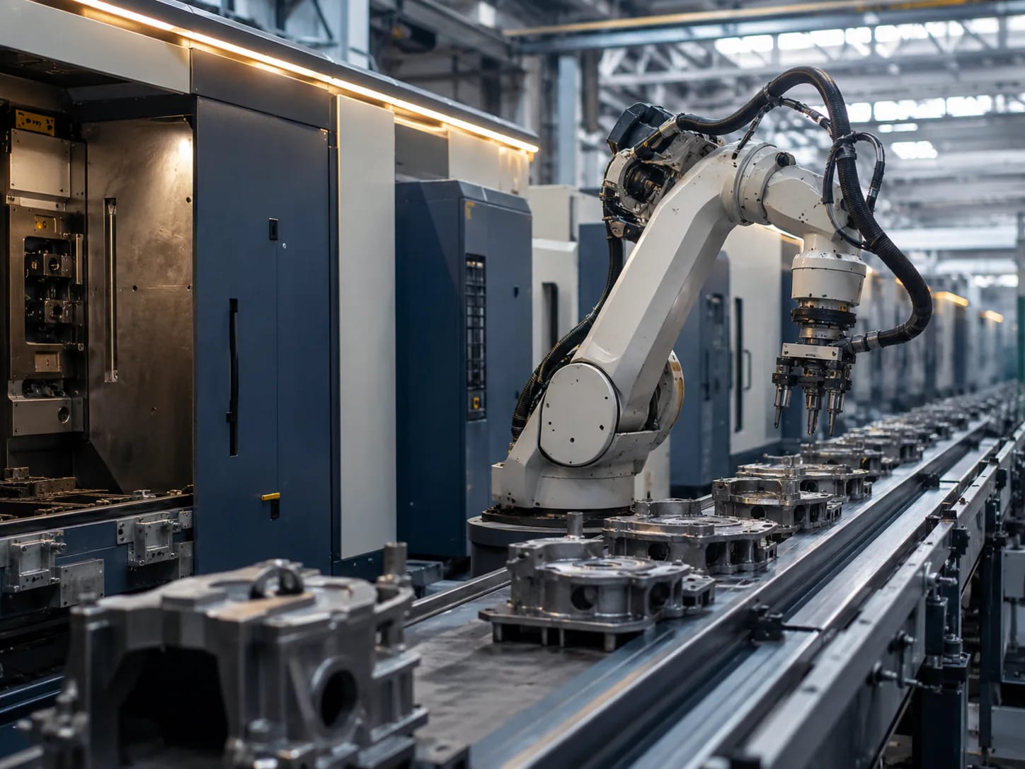 A working discrete manufacturing line with robots and conveyors