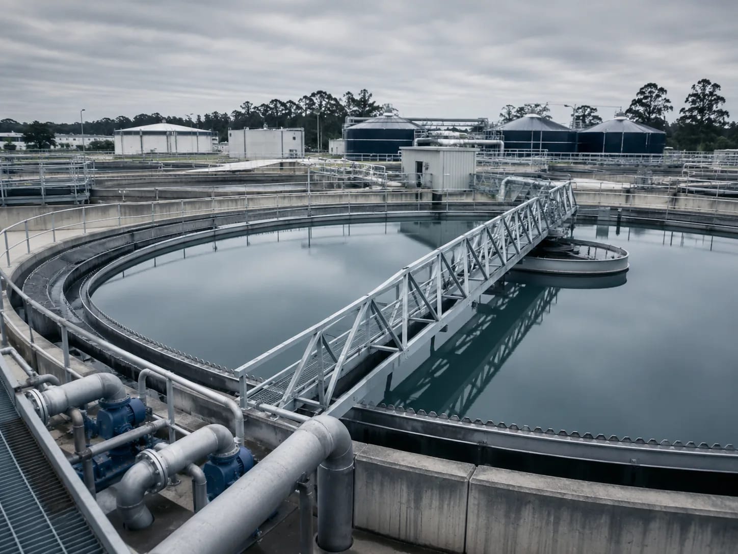 Clarifier tanks and pumps at a water treatment plant