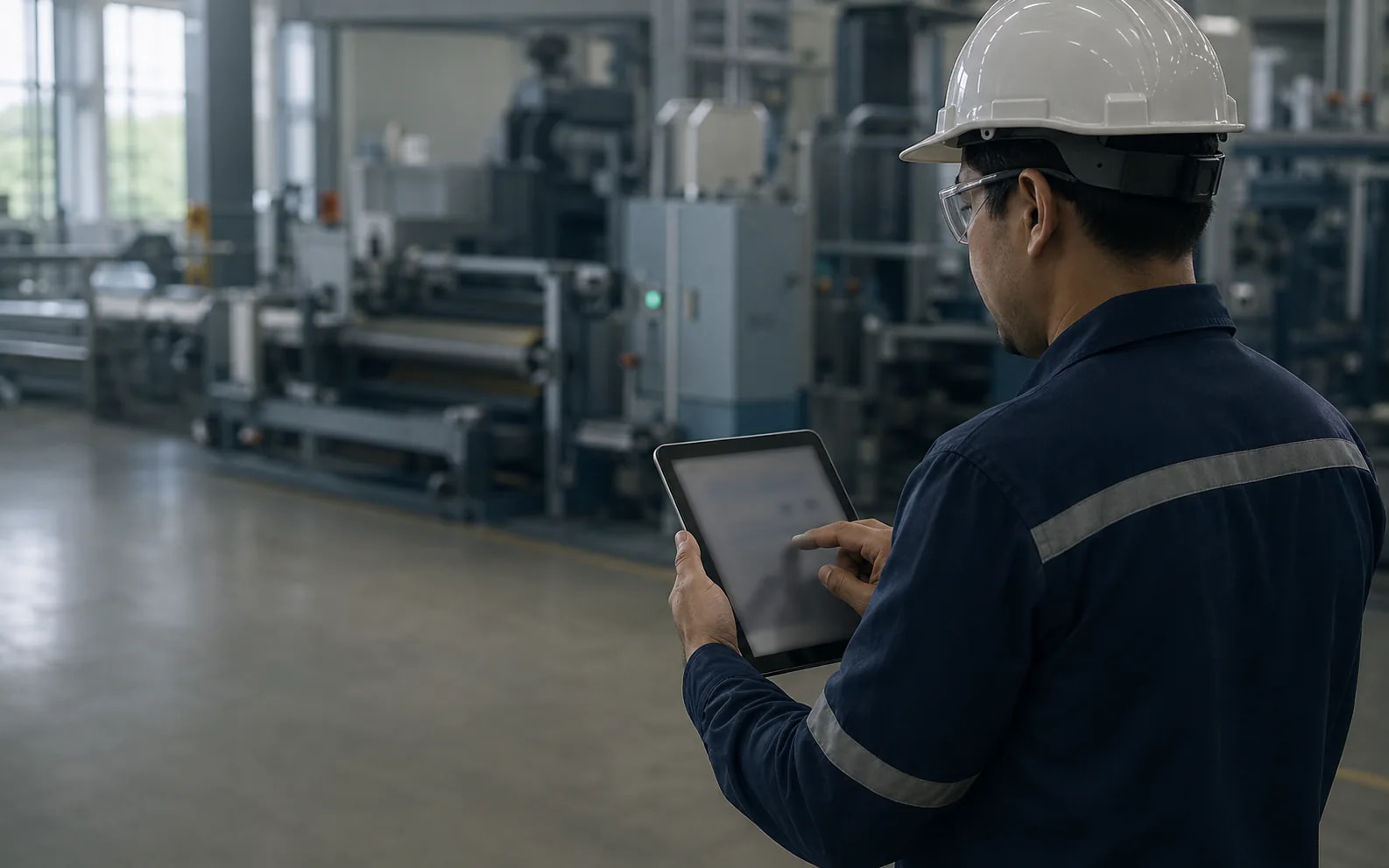 An engineer describing what to monitor on a tablet at the machine