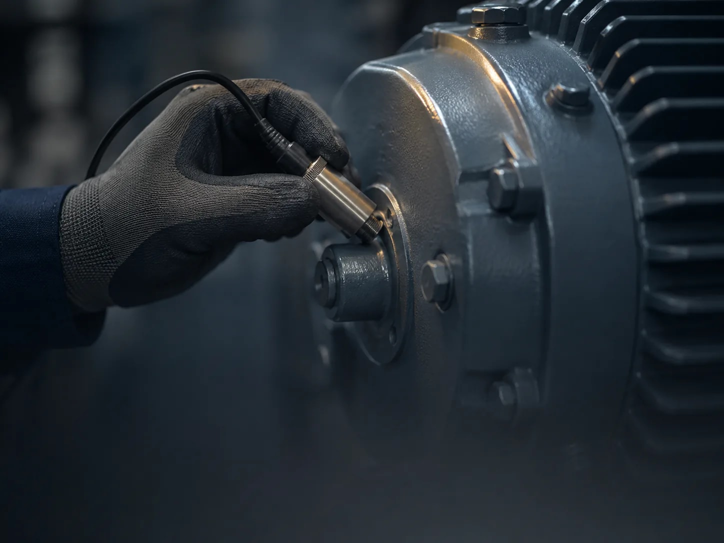 A technician checking a motor bearing during a routine inspection