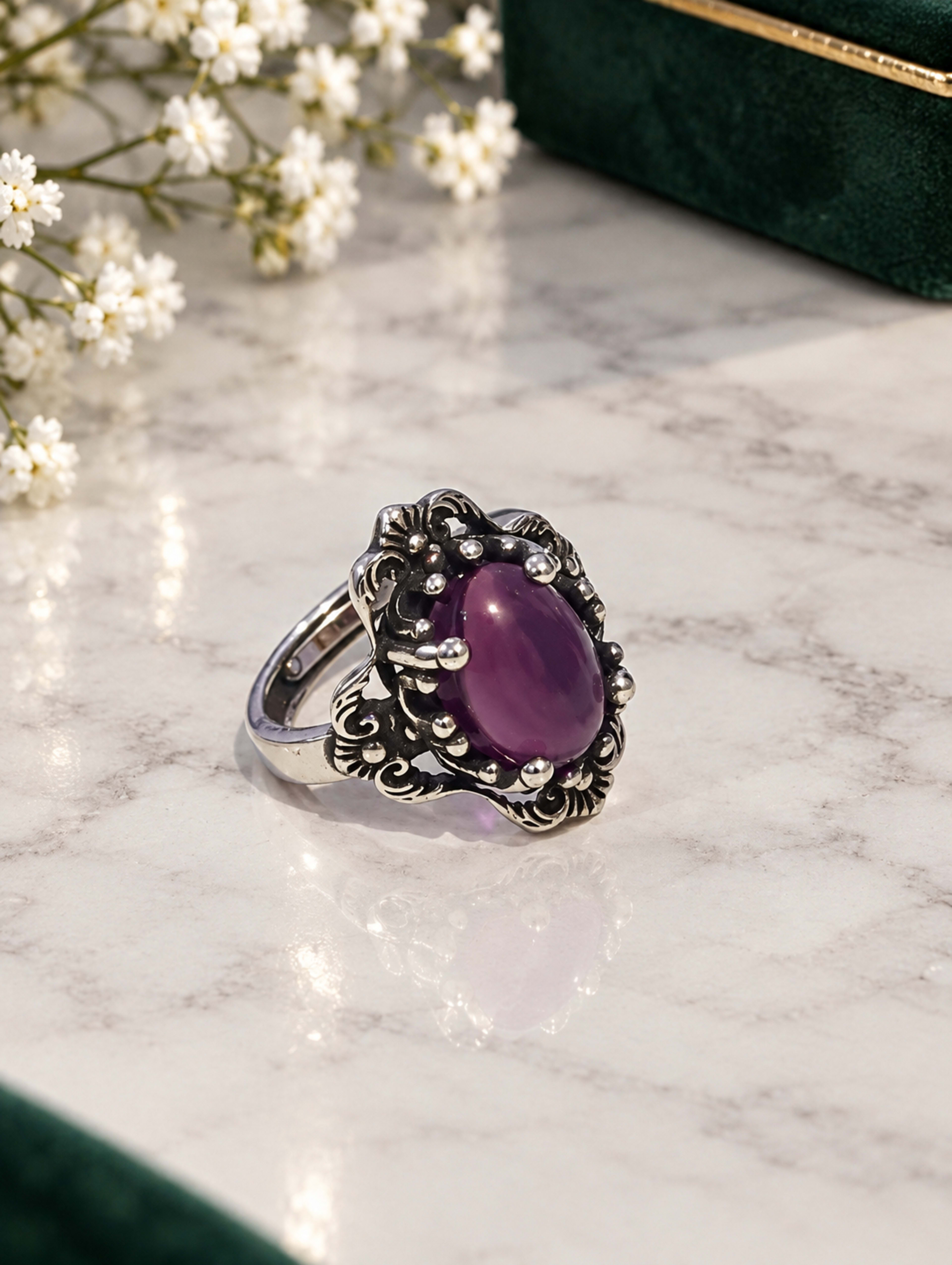 Antique Violet Cabochon Ring — Antique Silver-Tone Purple Cabochon Ring