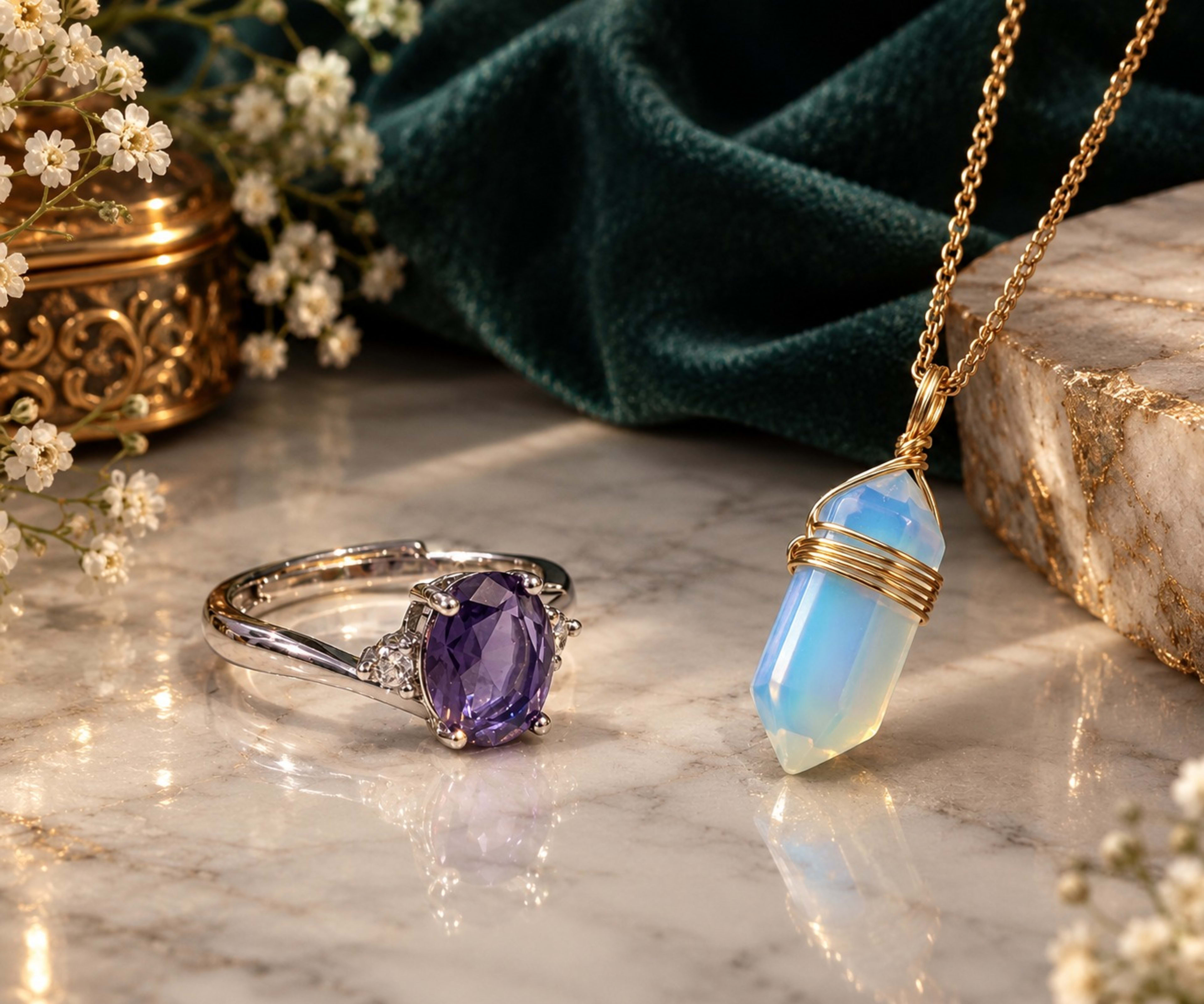 Twilight Set — Ethereal Blue & Ring — Ethereal Blue Pendant + Violet Oval Ring Set