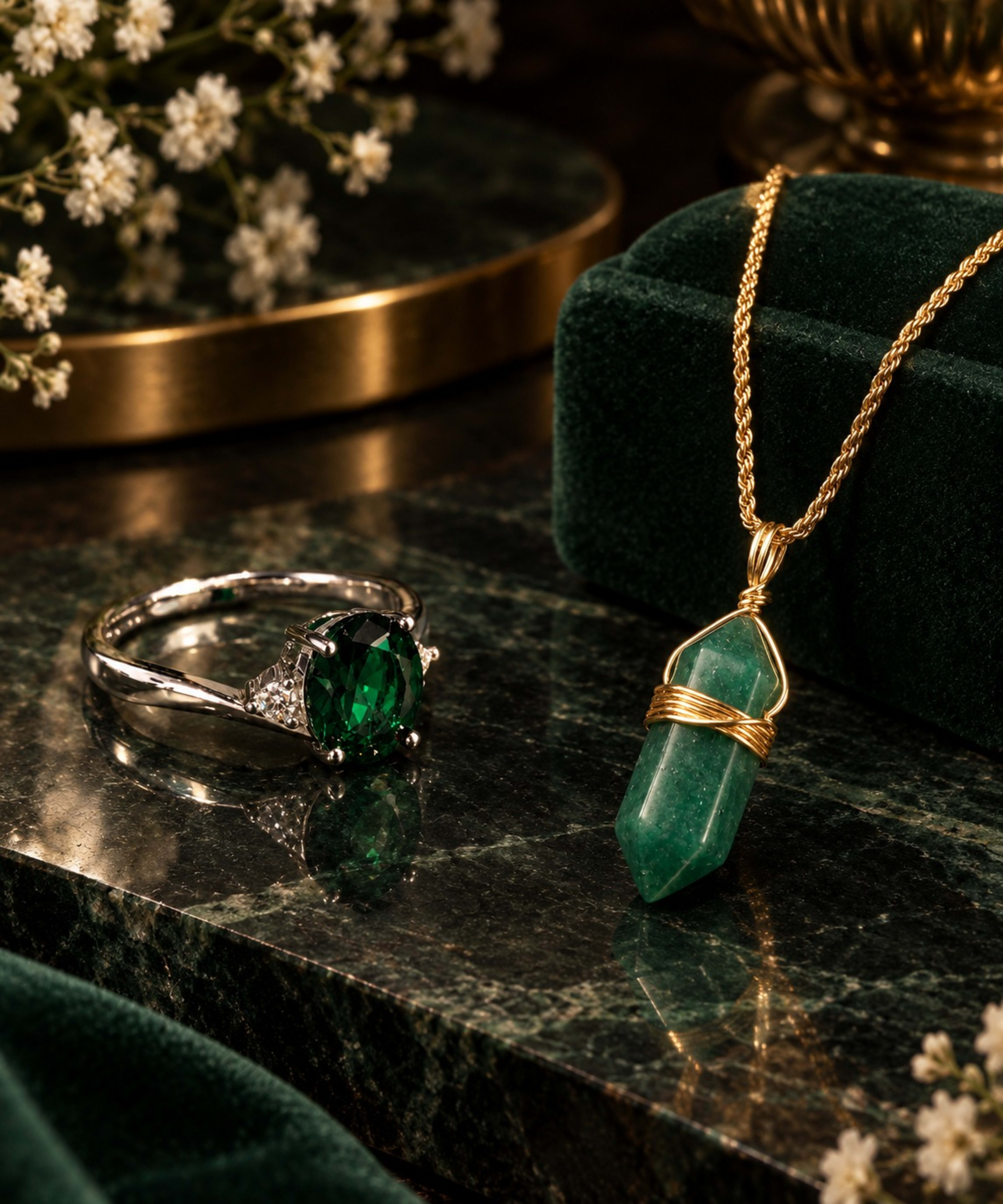 Verdant Set — Green Aventurine & Ring — Green Aventurine Pendant + Verdant Oval Ring Set