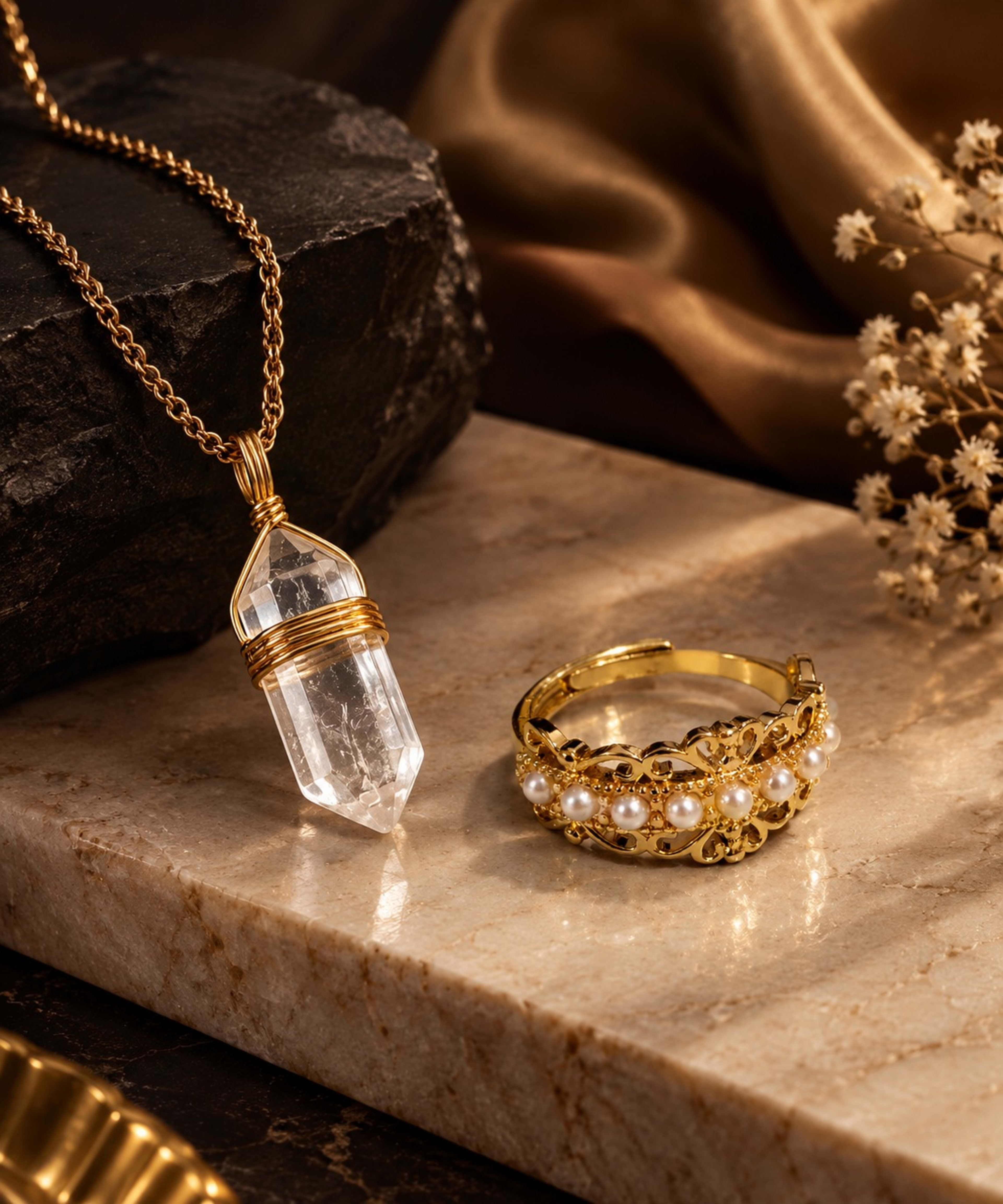 Pearl & Light Set — Clear Quartz & Ring — Clear Quartz Pendant + Pearl Filigree Ring Set