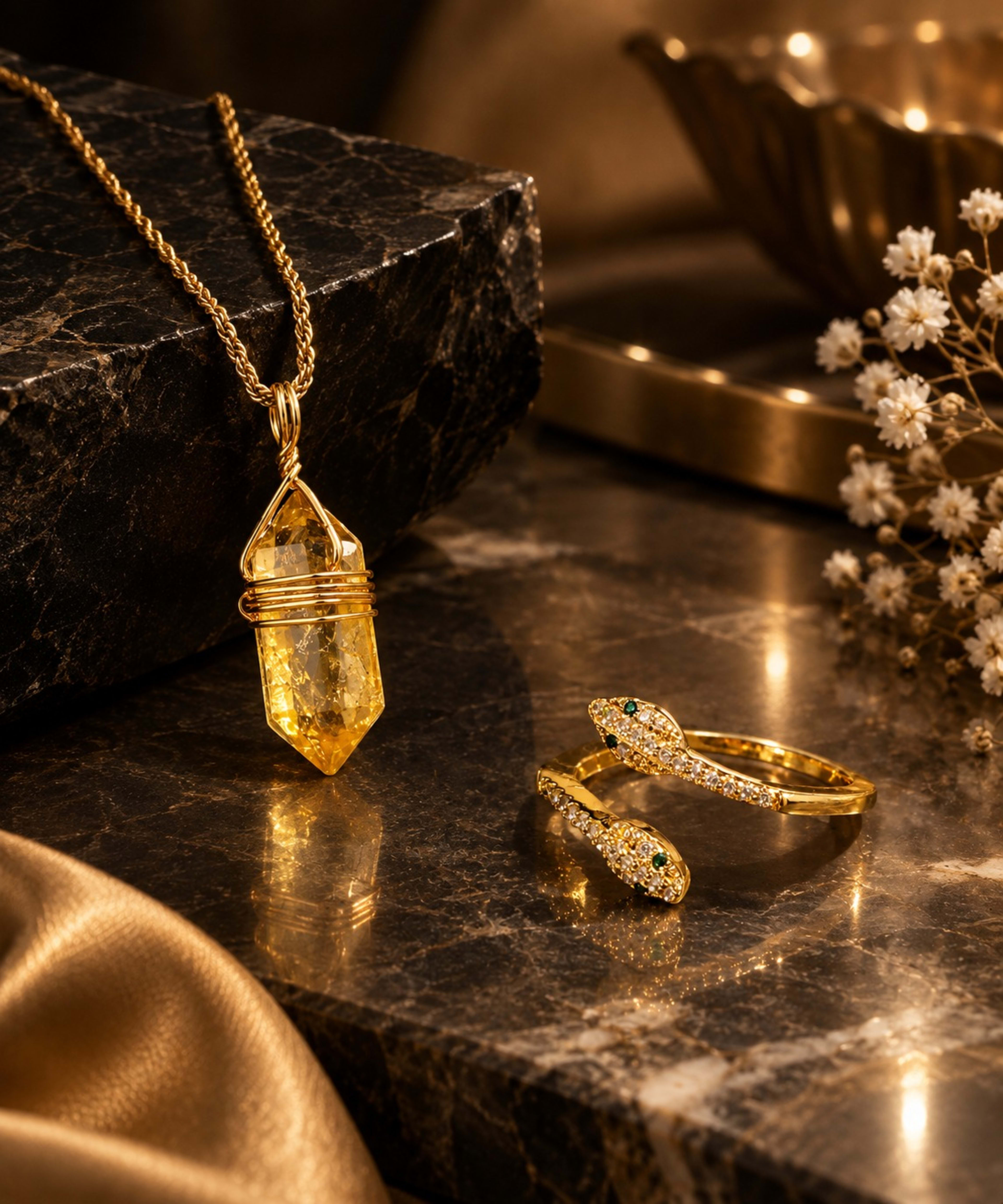 Golden Hour Set — Yellow Quartz & Ring — Yellow Quartz Pendant + Twin Serpent Ring Set