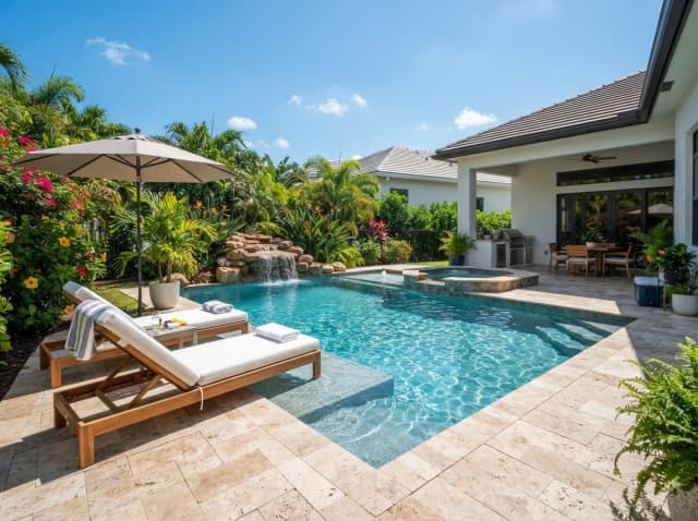 A residential pool deck with lounge chairs and clear blue water