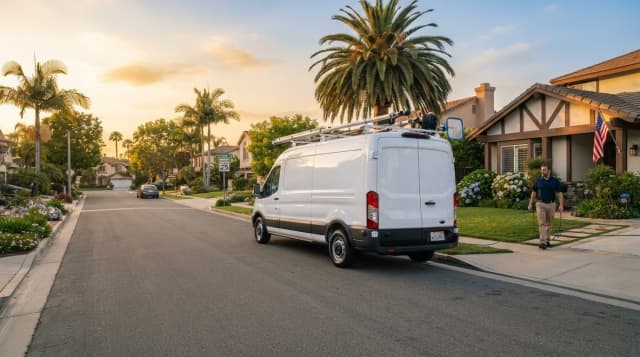 A clean service van parked on a quiet suburban street