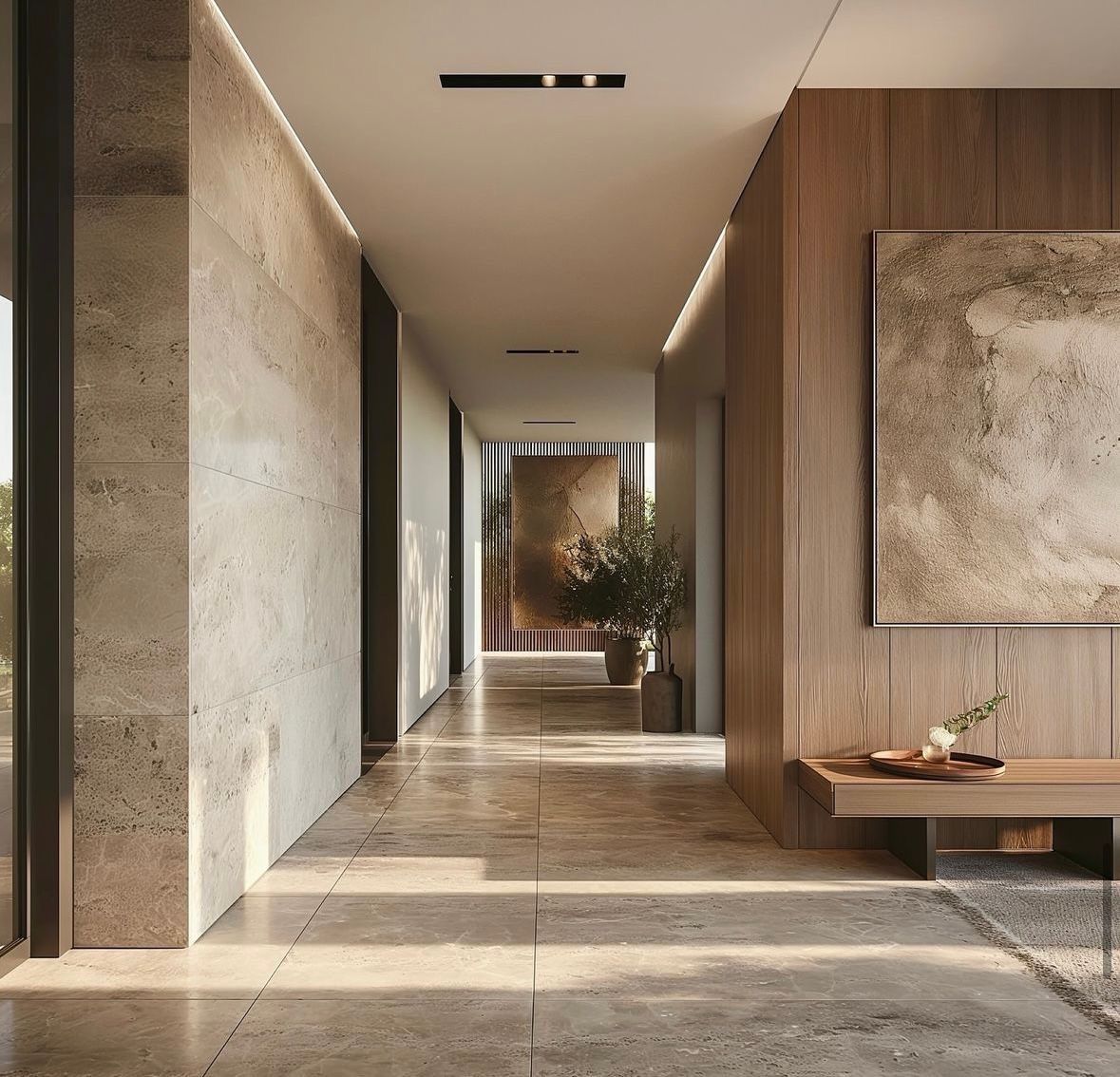 Natural stone and warm timber define the material palette.