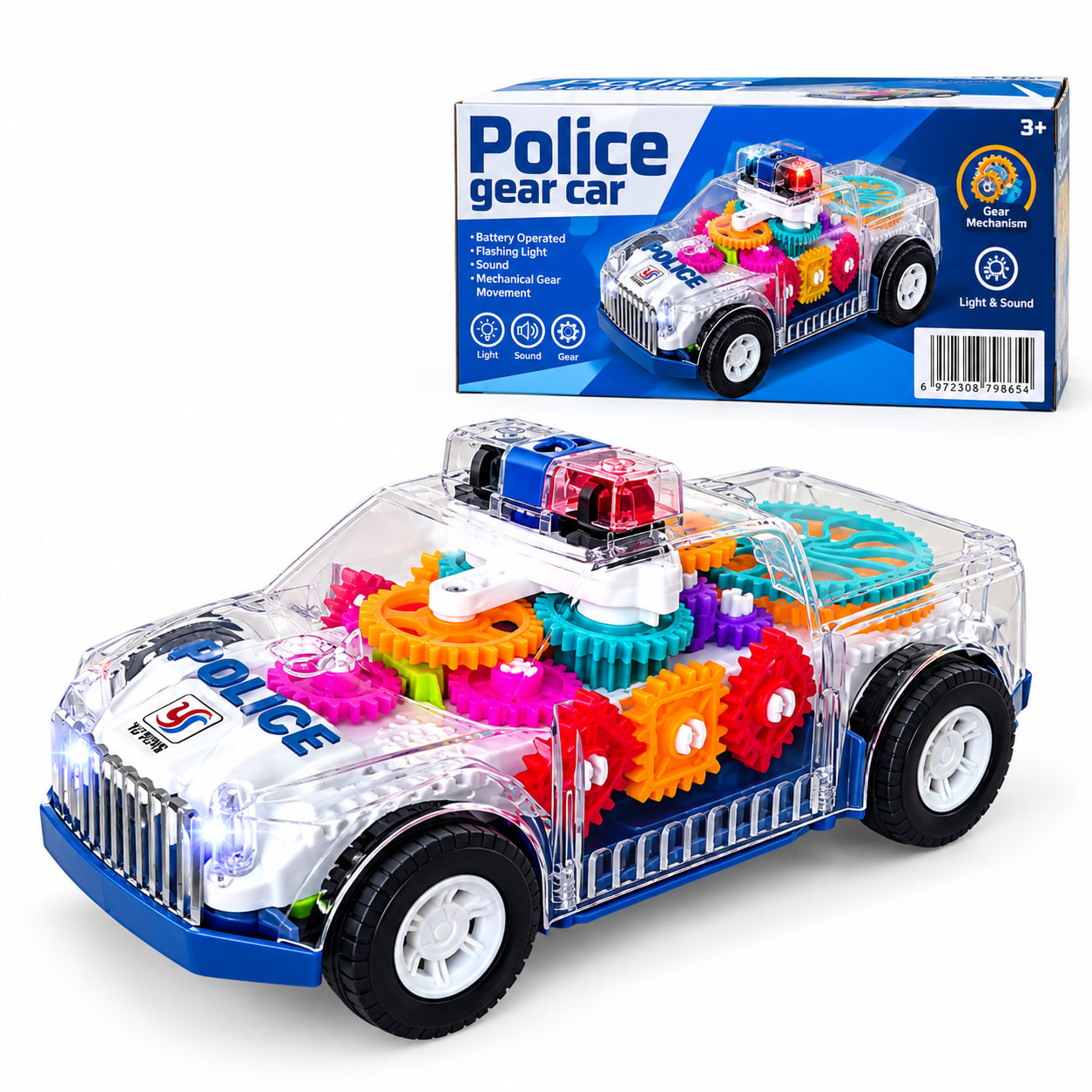 Transparent gear police car toy