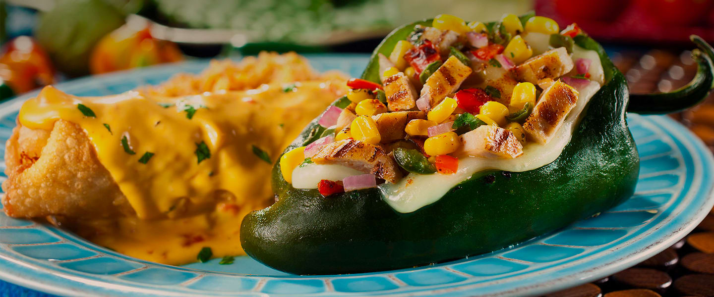 poblano pepper filled with chicken, corn, and cheese