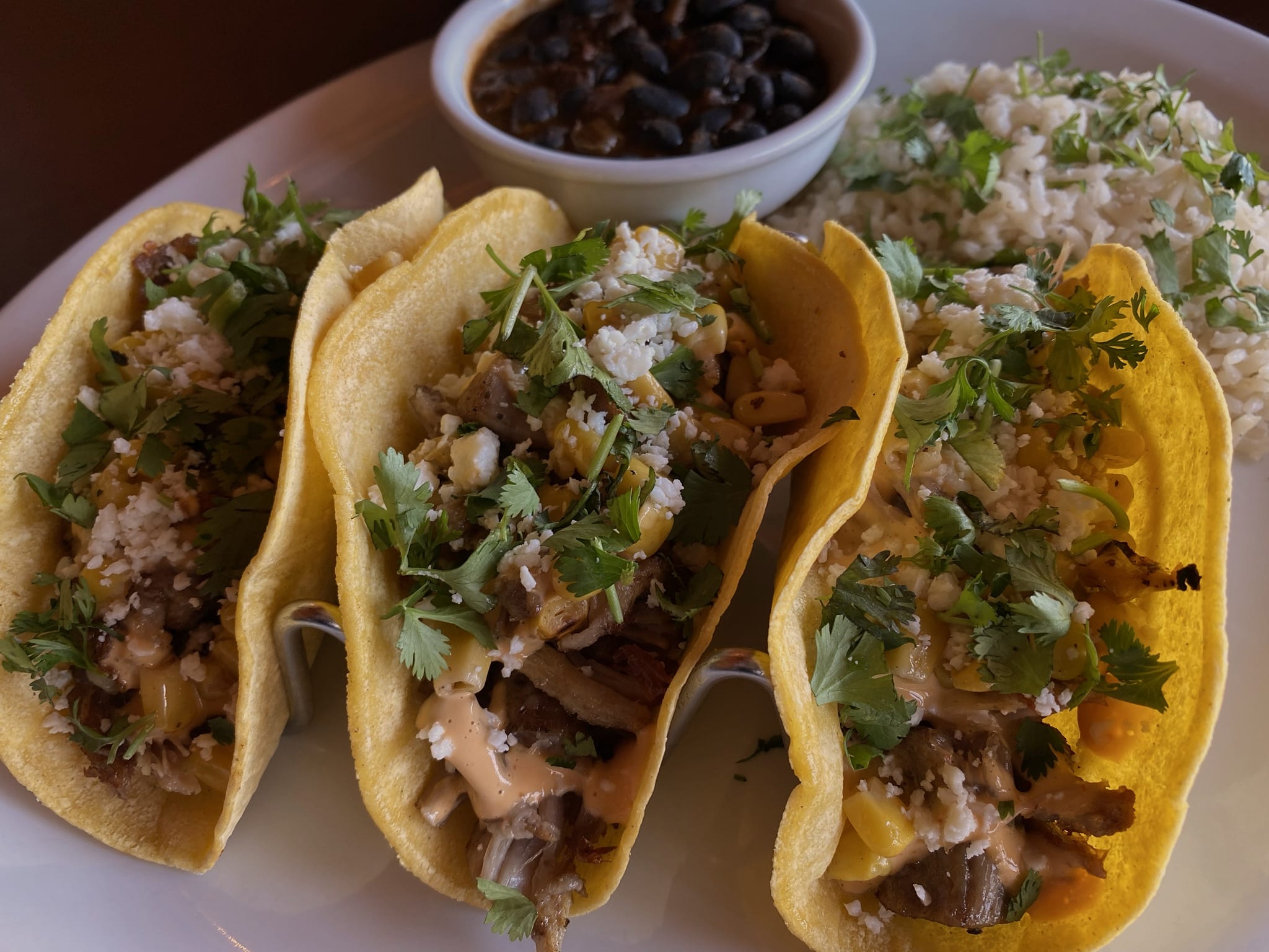 Carnitas Tacos with small bowl of beans