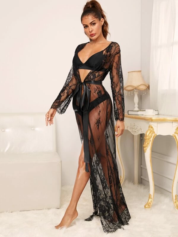 Floral Lace Belted Sheer Robe