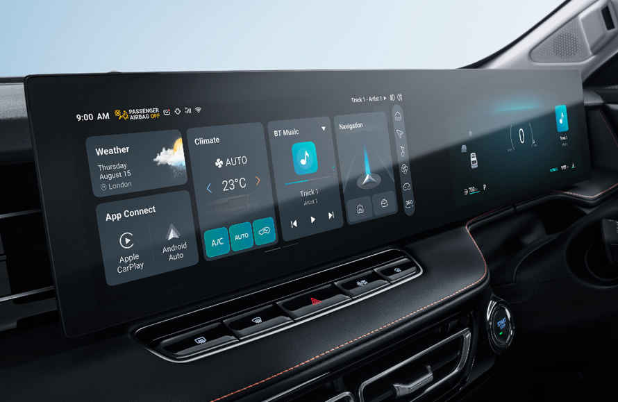 MG HS car dashboard displays a large touchscreen infotainment system with various widgets, including weather, climate control, music player, and navigation