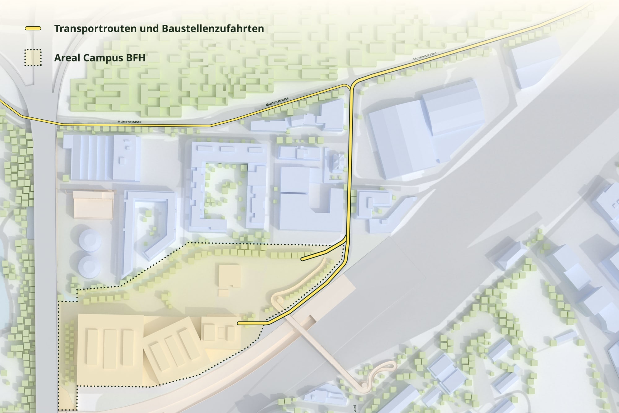 Karte mit Hinweisen zu Transportrouten im Perimeter des Campus BFH