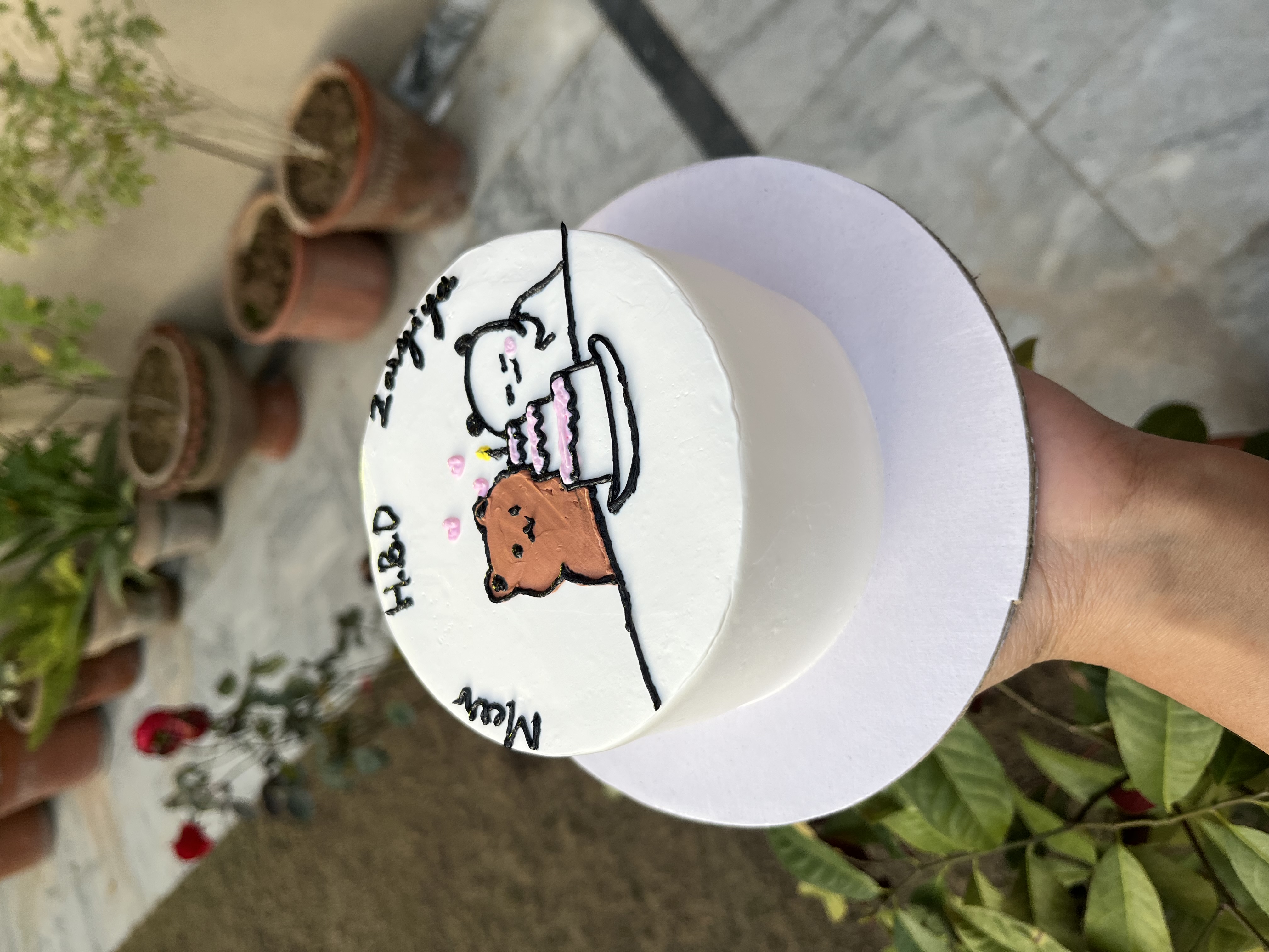 Bear and Panda Line Art Birthday Cake